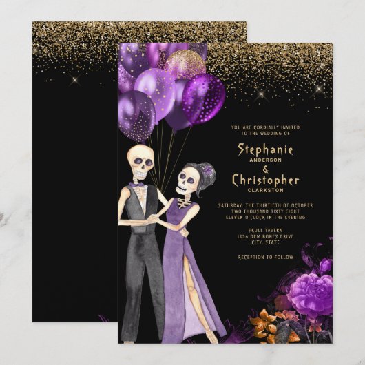 Chic Glitter Skeleton Halloween Wedding Kaart (Voorkant / Achterkant)