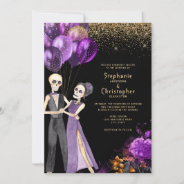 Chic Glitter Skeleton Halloween Wedding Kaart