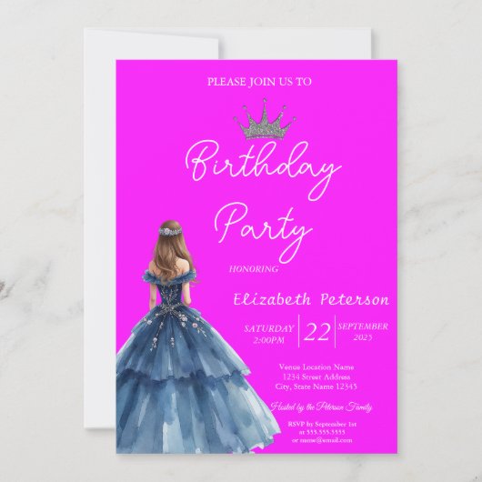 Chic Glitter Tiara Blauwe Jurk Neon Roze Verjaarda Kaart (Voorkant)