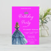 Chic Glitter Tiara Blauwe Jurk Neon Roze Verjaarda Kaart (Staand voorkant)