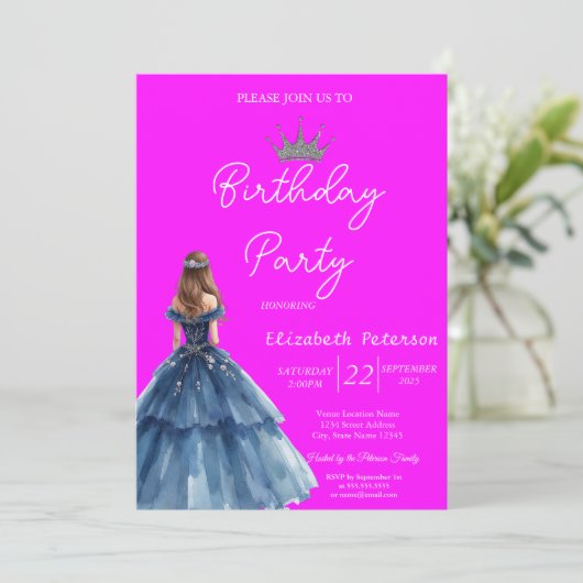 Chic Glitter Tiara Blauwe Jurk Neon Roze Verjaarda Kaart (Staand voorkant)