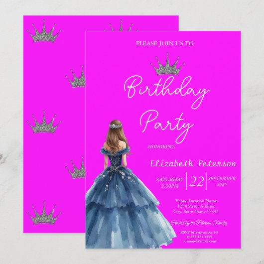 Chic Glitter Tiara Blauwe Jurk Neon Roze Verjaarda Kaart (Voorkant / Achterkant)