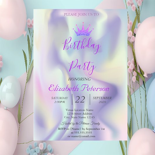 Chic Glitter Tiara Holographic Birthday Party Kaart
