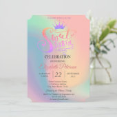 Chic Glitter Tiara Holographic Sweet 16 Party Kaart (Staand voorkant)