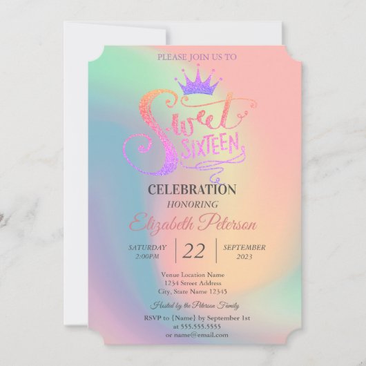 Chic Glitter Tiara Holographic Sweet 16 Party Kaart (Voorkant)