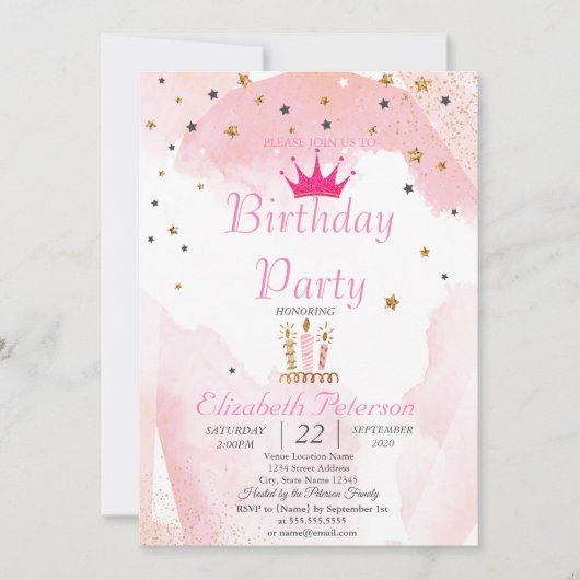 Chic Glitter Tiara, kaarsen, Stars Birthday Party Kaart (Voorkant)