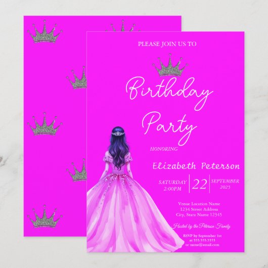 Chic Glitter Tiara Meisje Jurk Neon Roze Verjaarda Kaart (Voorkant / Achterkant)