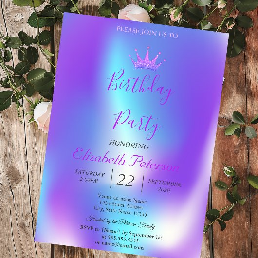 Chic Glitter Tiara Ombre Holographic Birthday Kaart