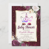 Chic Glitter Unicorn, Burgundy Floral Baby shower Kaart (Voorkant)