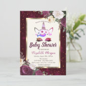 Chic Glitter Unicorn, Burgundy Floral Baby shower Kaart (Staand voorkant)