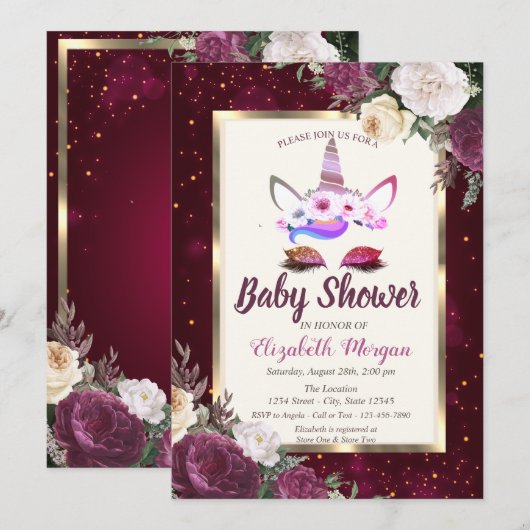 Chic Glitter Unicorn, Burgundy Floral Baby shower Kaart (Voorkant / Achterkant)