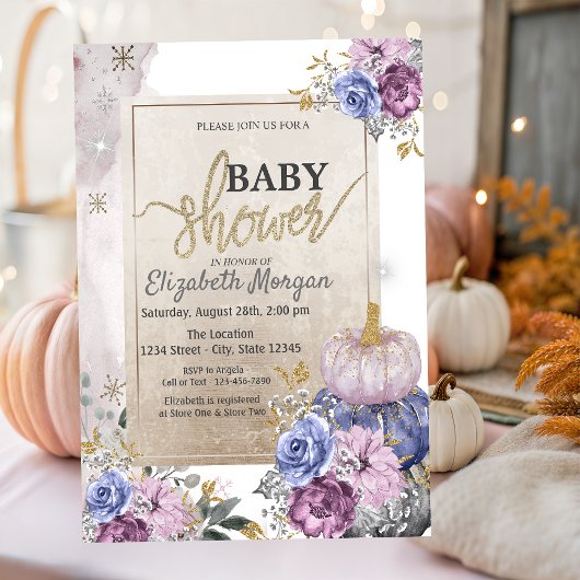 Chic Glitter Violet Pumpkins Flowers Baby shower Kaart