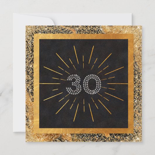 Chic Glitter Zwart en Goud 30ste Verjaardagsfeest Kaart (Achterkant)