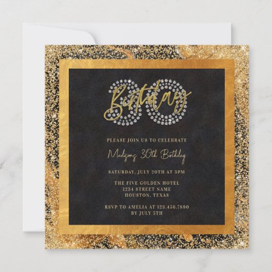 Chic Glitter Zwart en Goud 30ste Verjaardagsfeest Kaart (Voorkant)