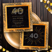 Chic Glitter Zwart en Goud 40ste Verjaardagsfeest Kaart