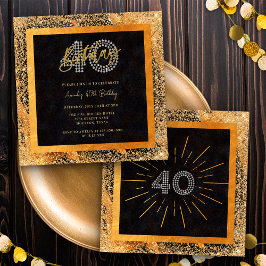 Chic Glitter Zwart en Goud 40ste Verjaardagsfeest Kaart