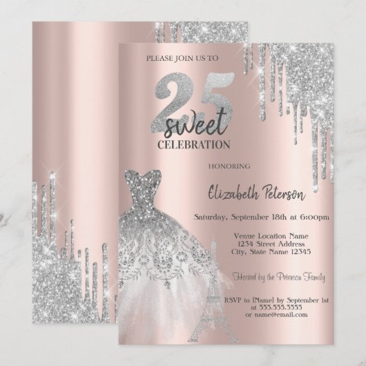 Chic Glitterdruppels, Eiffeltoren Jurk Sweet 25 Kaart (Voorkant / Achterkant)