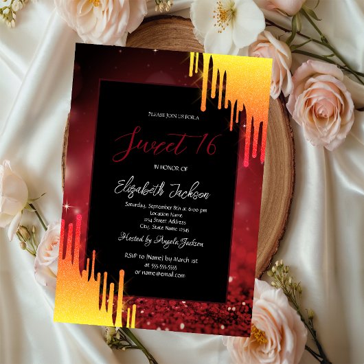 Chic glitters gele druppels,Bokeh rood Kaart