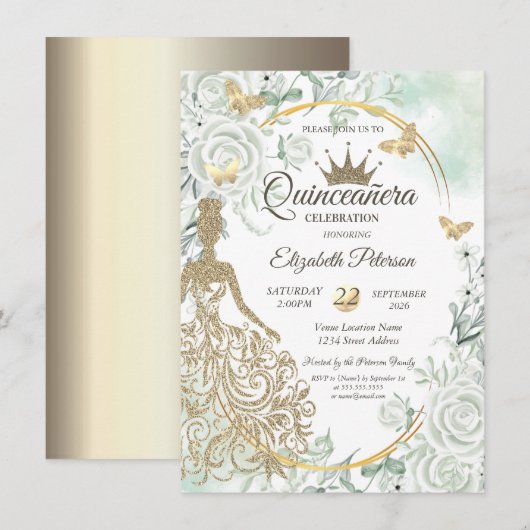 Chic glittersjurk, vlinder groene rozen  kaart (Voorkant / Achterkant)