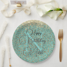Chic Glittery Feathers Monogram Birthday Papieren Bordje