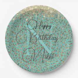 Chic Glittery Feathers Monogram Birthday Papieren Bordje