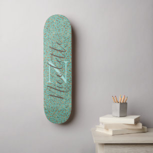 Chic Glittery Feathers Monogram Skateboard