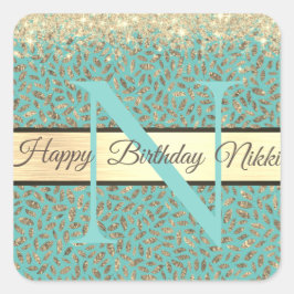 Chic Glittery Feathers Monogram Vierkante Sticker