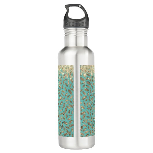 Chic Glittery Feathers Monogram Waterfles (Achterkant)