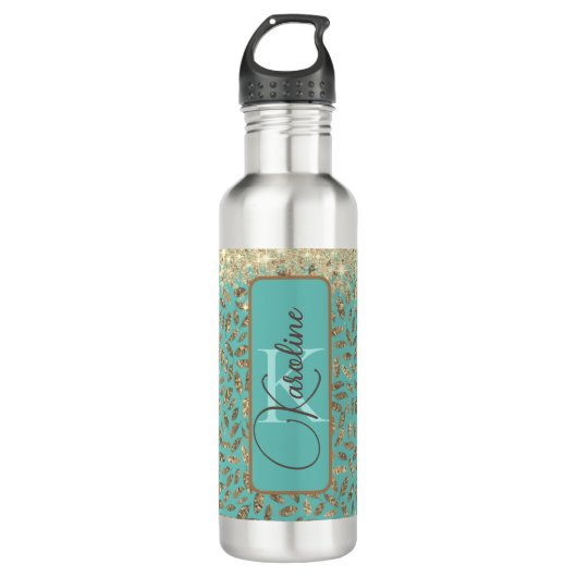 Chic Glittery Feathers Monogram Waterfles (Voorkant)