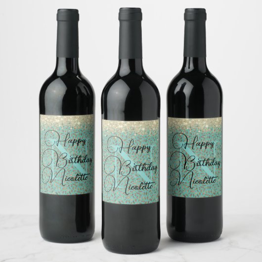 Chic Glittery Feathers Monogram Wine Label Wijn Etiket (Flessen)
