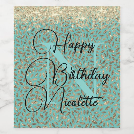 Chic Glittery Feathers Monogram Wine Label Wijn Etiket (Enkel label)