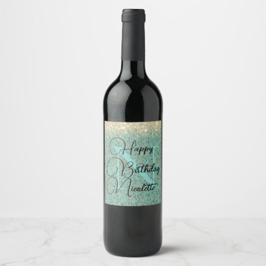 Chic Glittery Feathers Monogram Wine Label Wijn Etiket (Voorkant)