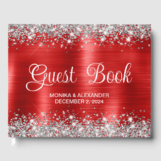 Chic Glittery Rode Folie Bruiloft Gastenboek