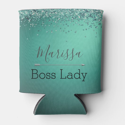 Chic Glittery Turquoise Personalized Boss Lady Blikjeskoeler (Voorkant)