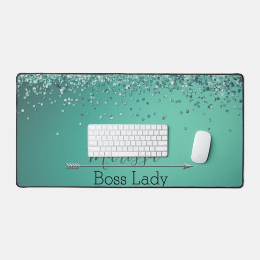 Chic Glittery Turquoise Personalized Boss Lady Bureaumat (Keyboard & Muis)