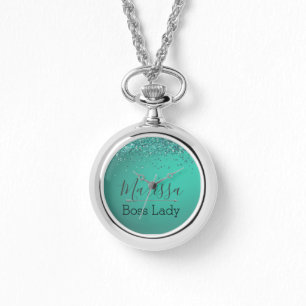 Chic Glittery Turquoise Personalized Boss Lady Horloge