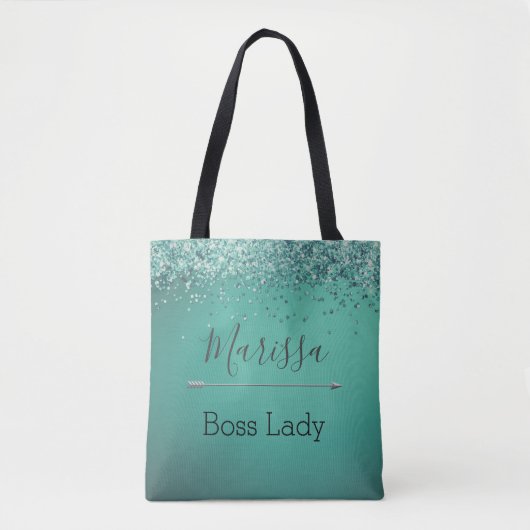 Chic Glittery Turquoise Personalized Boss Lady Tote Bag (Voorkant)