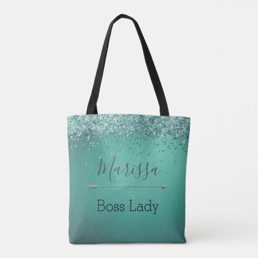 Chic Glittery Turquoise Personalized Boss Lady Tote Bag (Achterkant)