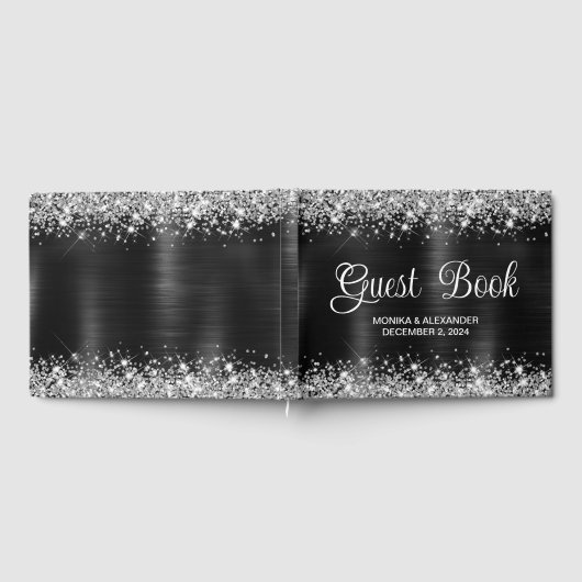 Chic Glittery Zwart Folie Bruiloft Gastenboek (Volledig)