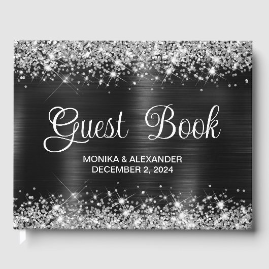 Chic Glittery Zwart Folie Bruiloft Gastenboek (Voorkant)