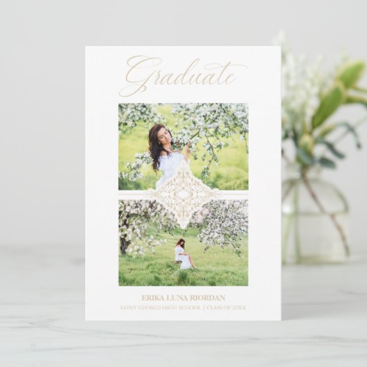 Chic Gold 2 Photos Ornament Sophisticated Graduate Kaart (Staand voorkant)