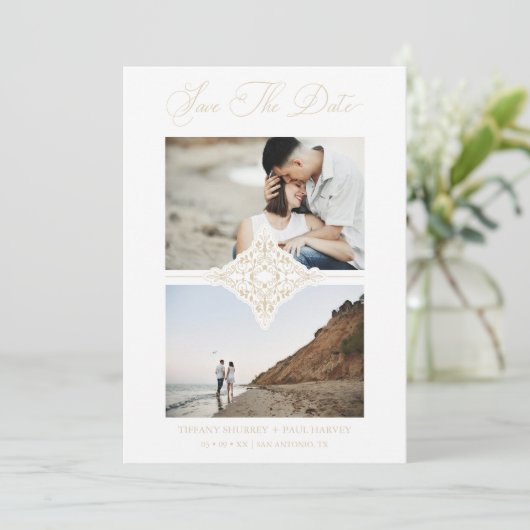 Chic Gold 2 Photos Ornament Sophisticated Wedding Save The Date (Staand voorkant)