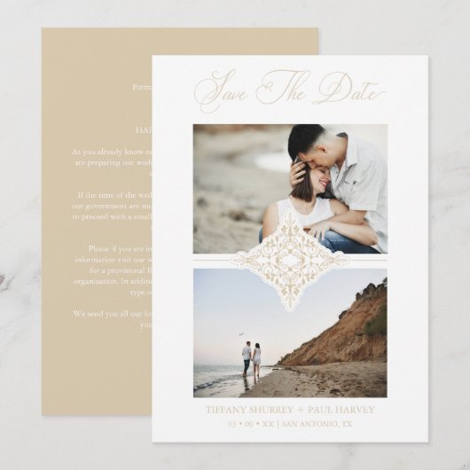 Chic Gold 2 Photos Ornament Sophisticated Wedding Save The Date (Voorkant / Achterkant)