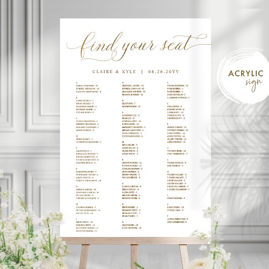 Chic Gold Alphabetical Seating Chart Acrylic Sign  Acryl Bord