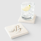 Chic Gold B Monogram Script Naam Trouwdatum Stenen Onderzetter (Zijkant)