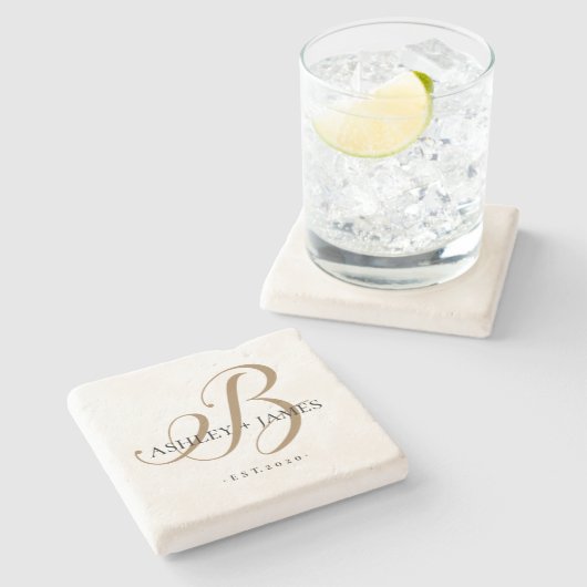 Chic Gold B Monogram Script Naam Trouwdatum Stenen Onderzetter (Zijkant)