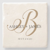 Chic Gold B Monogram Script Naam Trouwdatum Stenen Onderzetter (Voorkant)