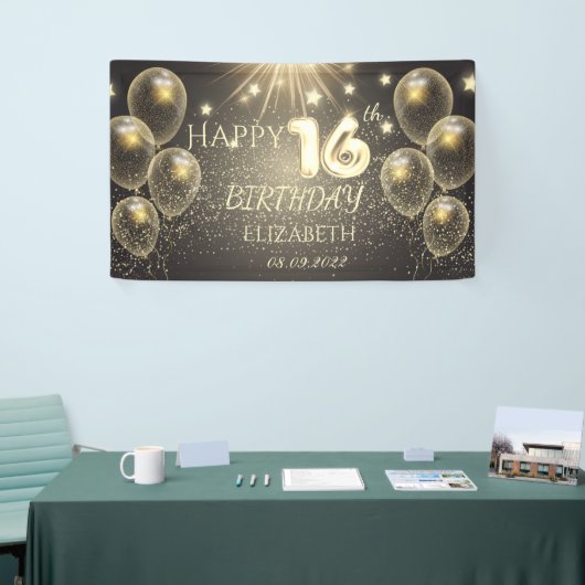 Chic Gold Balloons Stars 16e verjaardag Spandoek (Beurs)