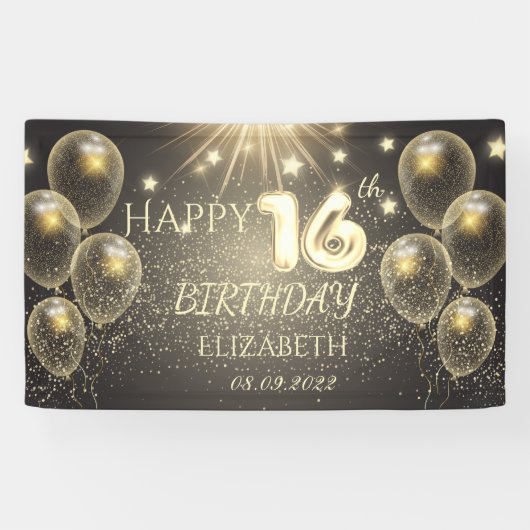 Chic Gold Balloons Stars 16e verjaardag Spandoek (Horizontaal)