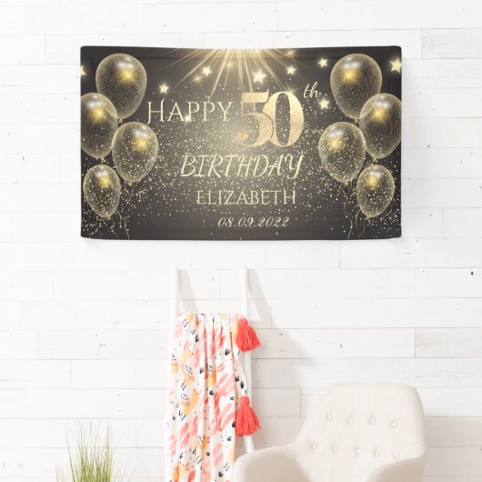 Chic Gold Balloons Stars 50e verjaardag Spandoek (Insitu)